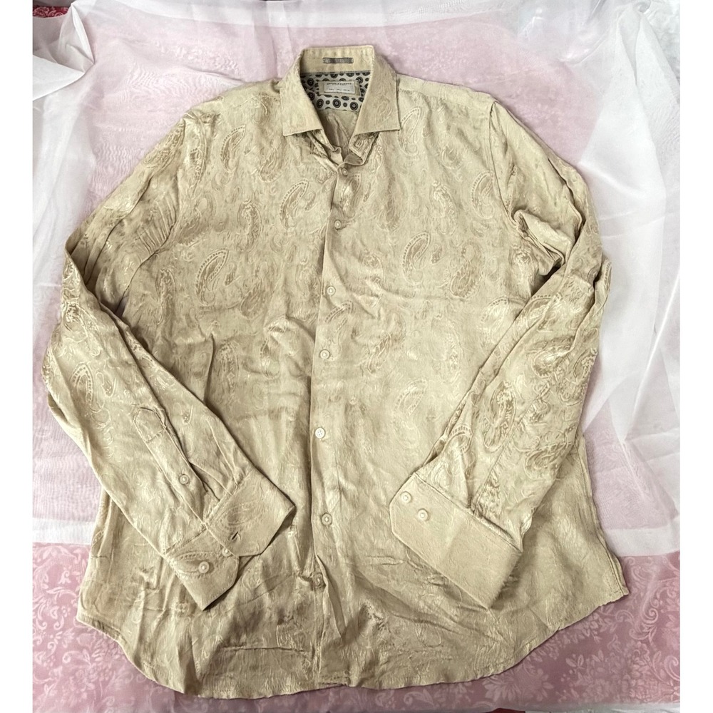 Denim & Flower Ricky Singh Mens Large Champagne Beige Paisley Jacquard Shirt L